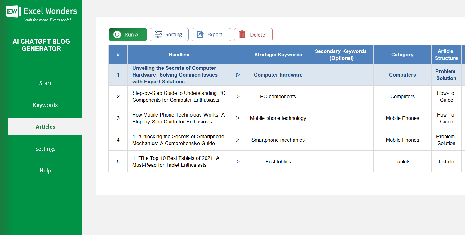 AI Blog Article Generator Excel Template Image 4