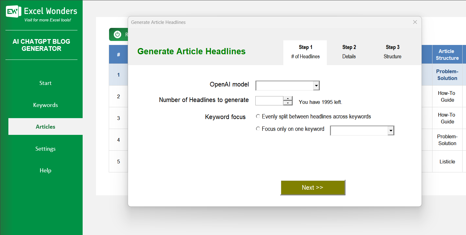 AI Blog Article Generator Excel Template Image 5